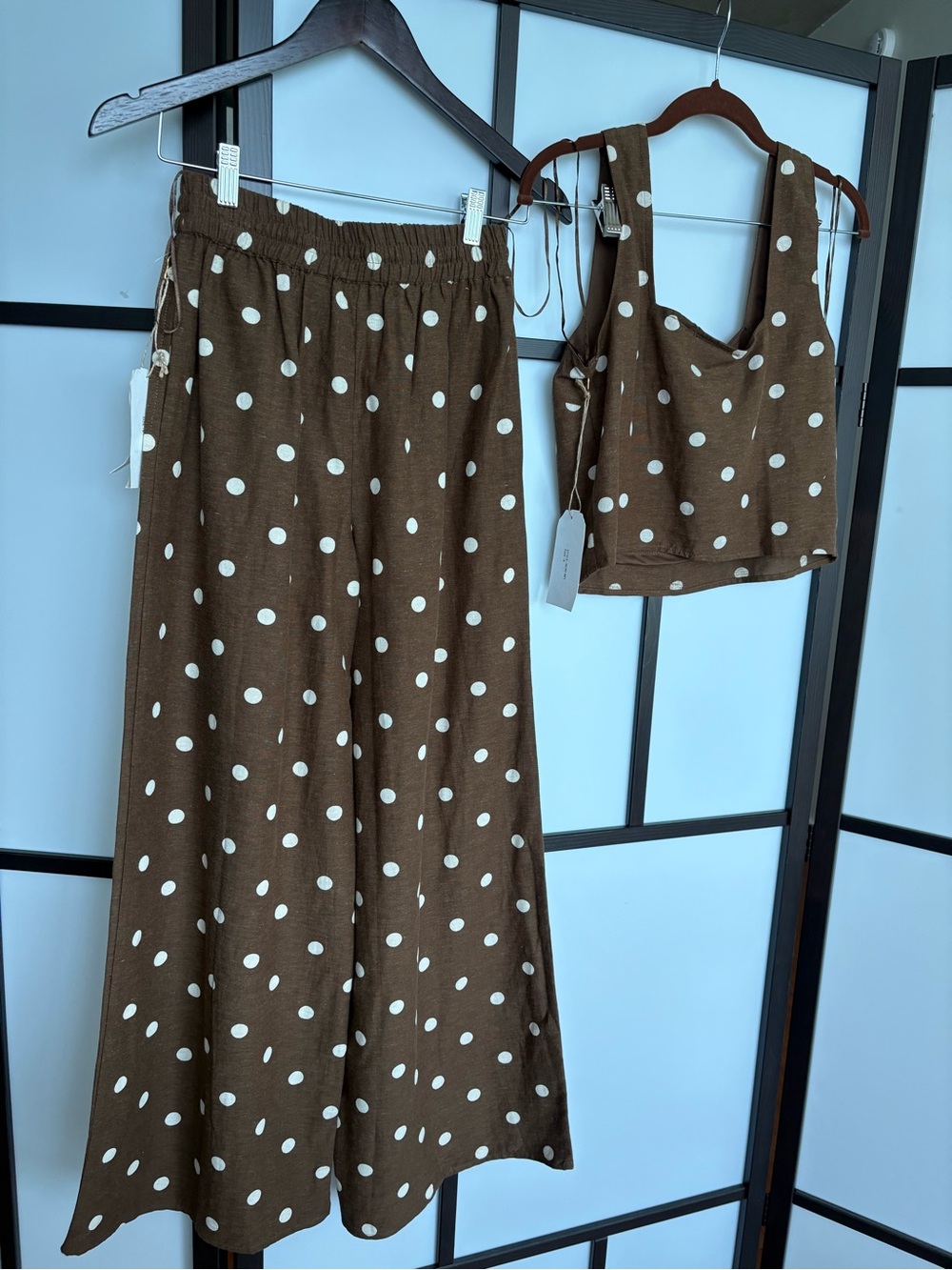 Midnight Sky Brown Polka Dot Linen Blend Matching Set NWT Size Small
